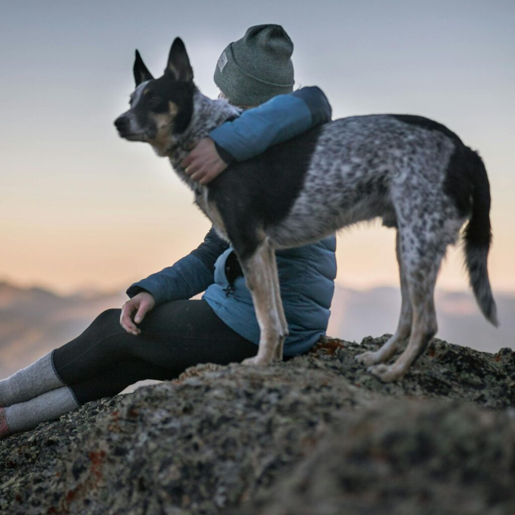 A person wearing a beanie and winter jacket sits on a rocky mountain with a dog, overlooking sunset views.