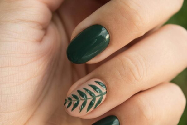 Close-up of a stylish green manicure with a leaf design, showcasing glossy fingernails and natural skin tone.