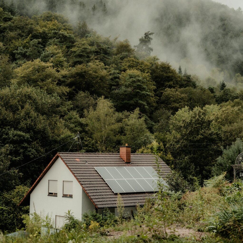 A house with solar panels nestled in a foggy forest, offering a serene and eco-friendly setting.