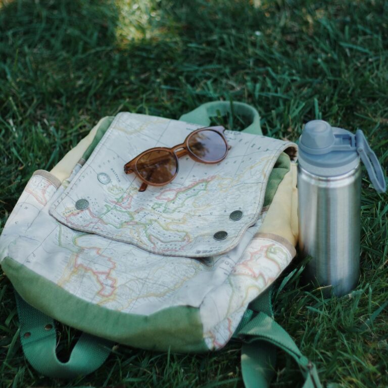 Close-up of backpack, sunglasses, and thermos on grass, perfect for travel and exploration.