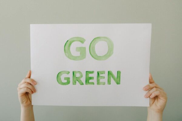 Image of hands holding a 'Go Green' sign to promote environmental awareness and sustainability.