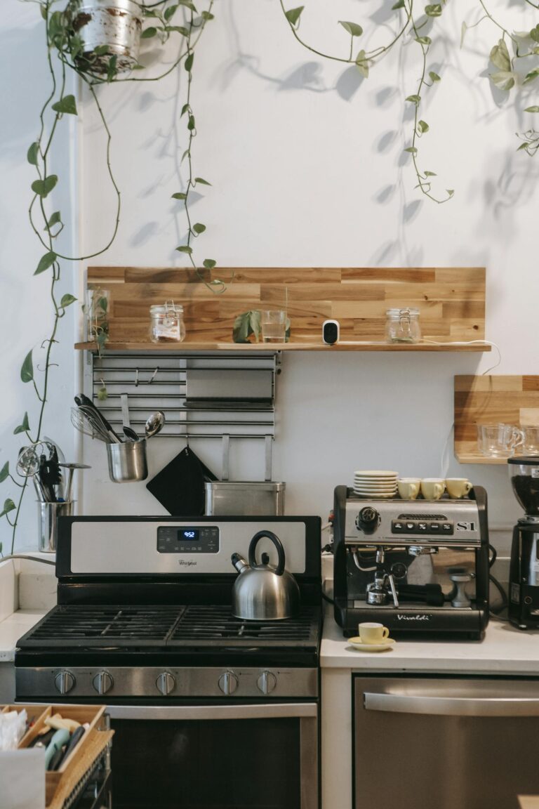 Interior of contemporary light kitchen with stove and various appliances on modern kitchen unit