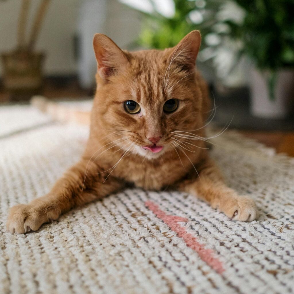 Adorable ginger cat lounging on a textured carpet surrounded by indoor plants.