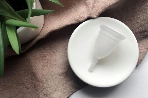 Reusable menstrual cup on a ceramic plate with a succulent plant, promoting eco-friendly habits.