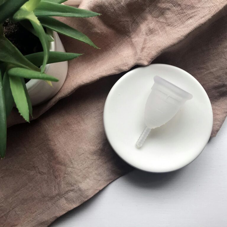 Reusable menstrual cup on a ceramic plate with a succulent plant, promoting eco-friendly habits.