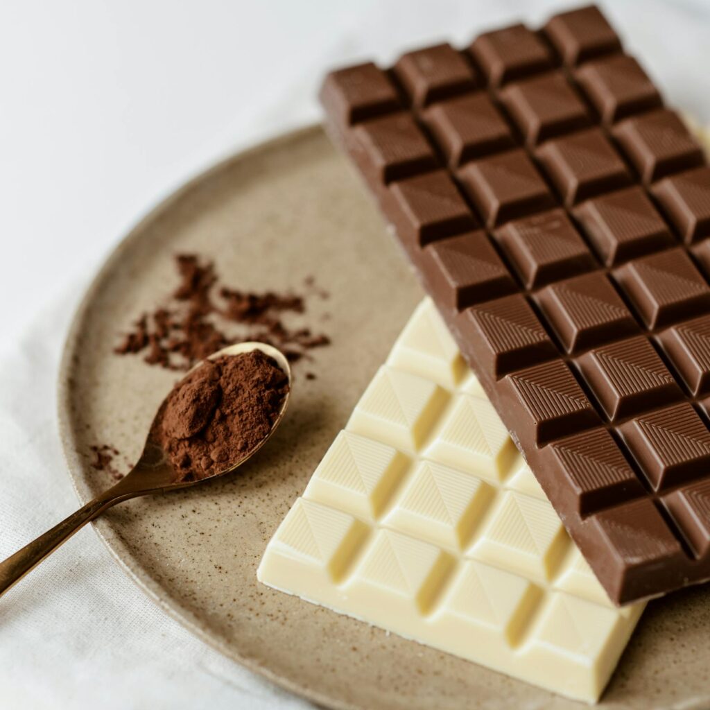 A delicious assortment of milk and white chocolate bars with cocoa powder on a plate. Perfect for confectionery enthusiasts.