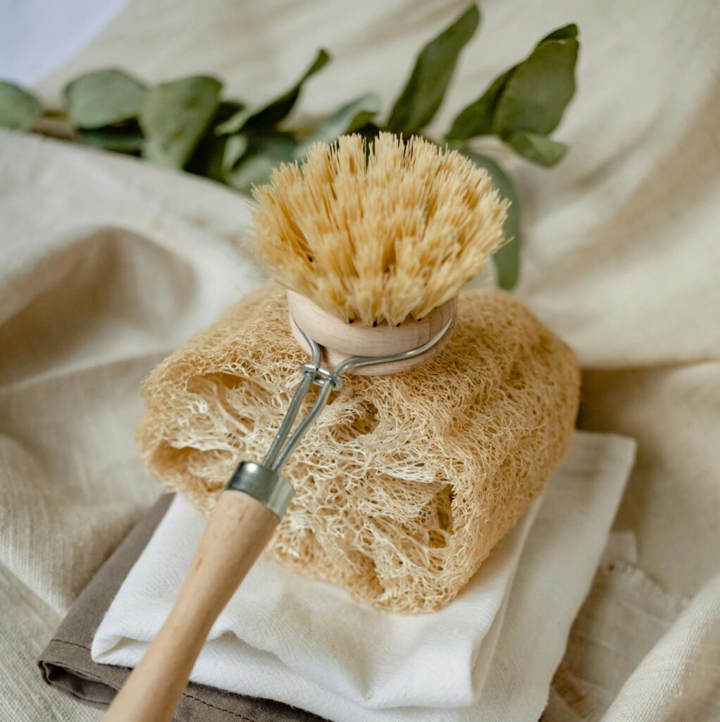 Stylish eco-friendly bath essentials featuring loofah and wooden brush.
