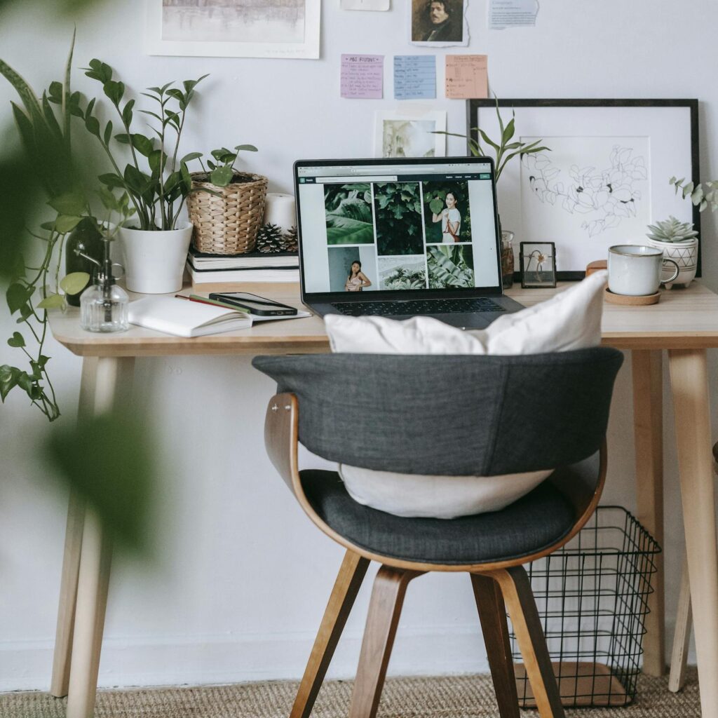Modern workplace with table and green potted fresh plants near netbook in daylight
