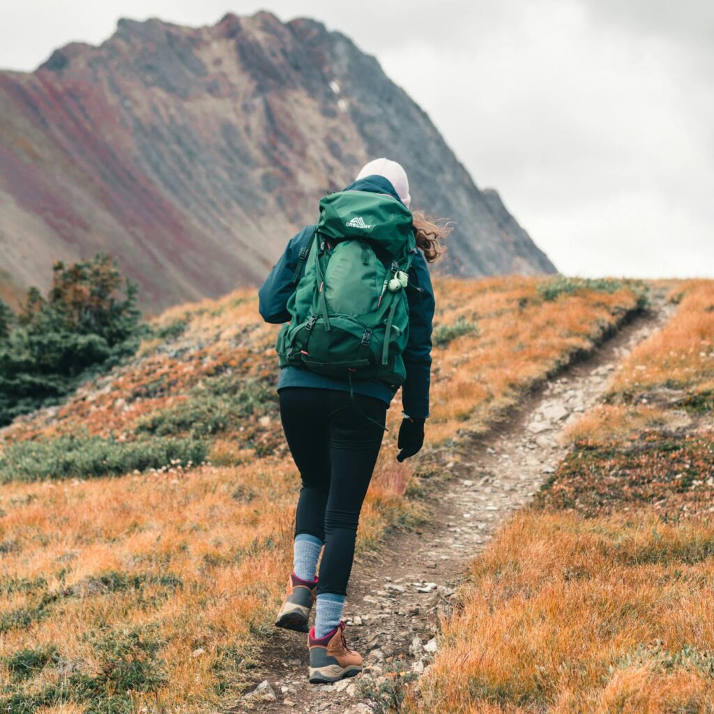 A backpacker trekking through the scenic wilderness of Jasper, Canada, during a cloudy day.