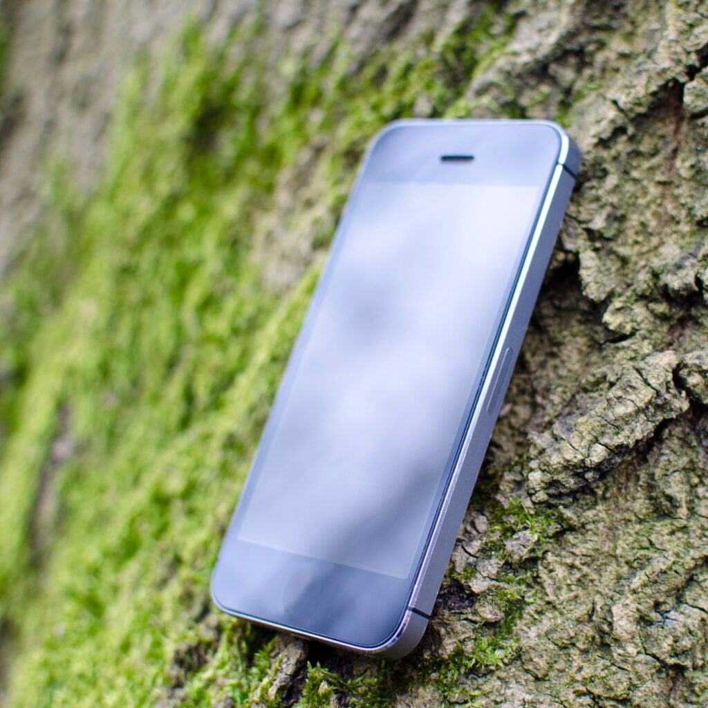 Close-up of a smartphone leaning against a moss-covered tree bark outdoors.