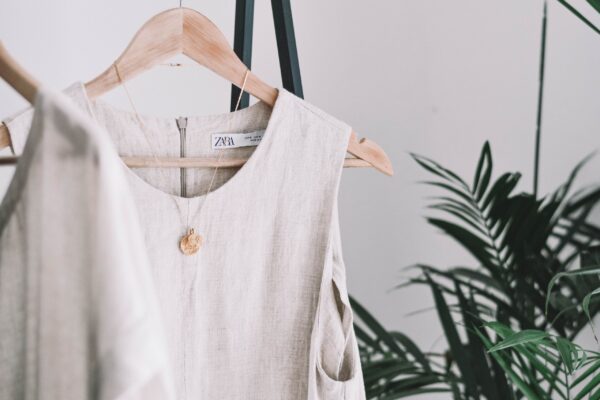 Stylish beige dress hanging indoors, showcasing minimalist fashion amidst green plants.
