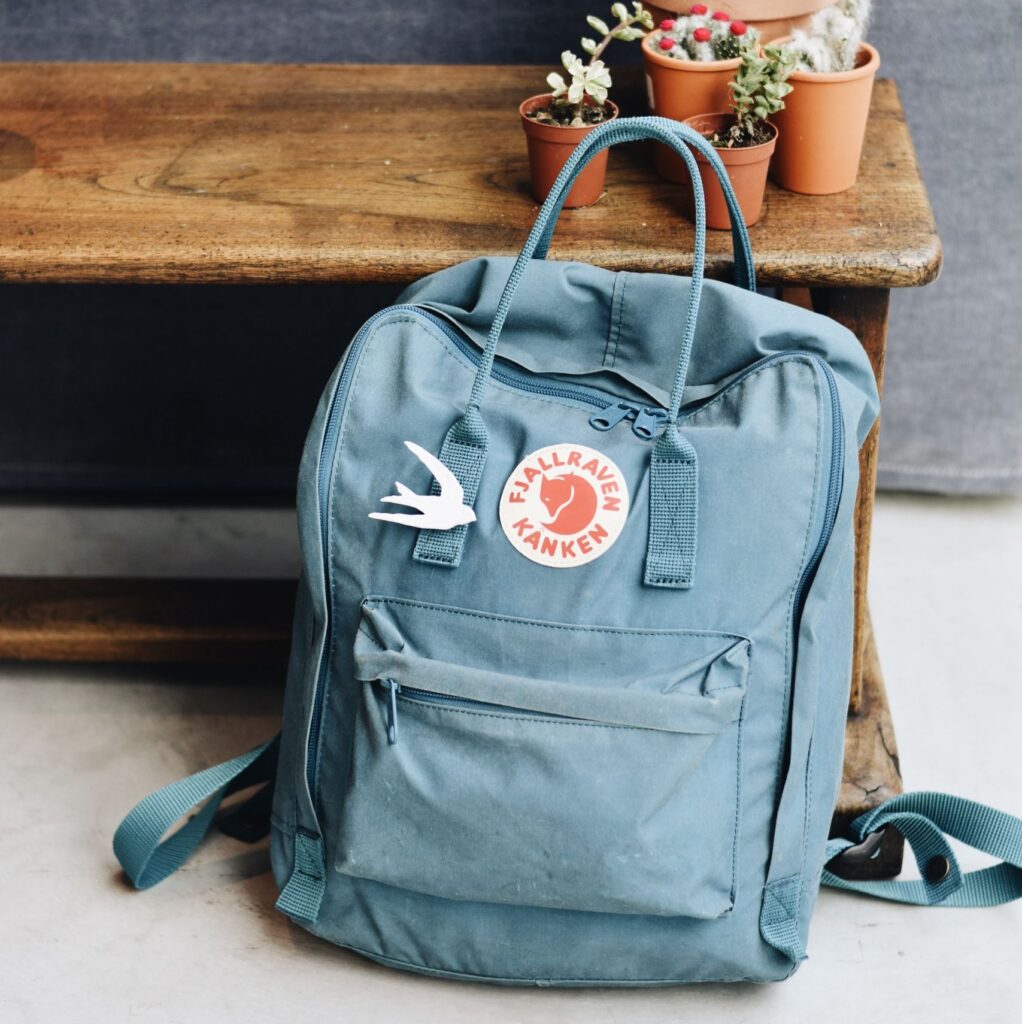Blue backpack sits next to potted cacti on a rustic wooden bench in an indoor setting.