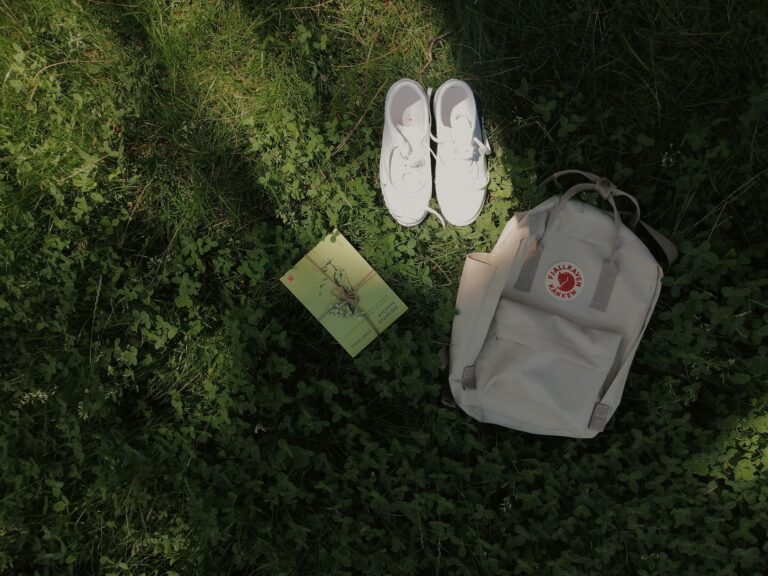 Flat lay photo of a backpack, white sneakers, and a book on green grass.